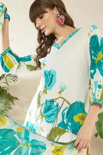 White printed pure cotton kurta trouser dupatta set