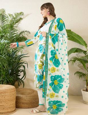 White printed pure cotton kurta trouser dupatta set 3