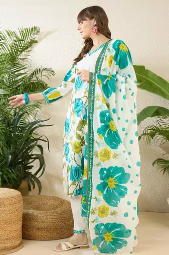 White printed pure cotton kurta trouser dupatta set