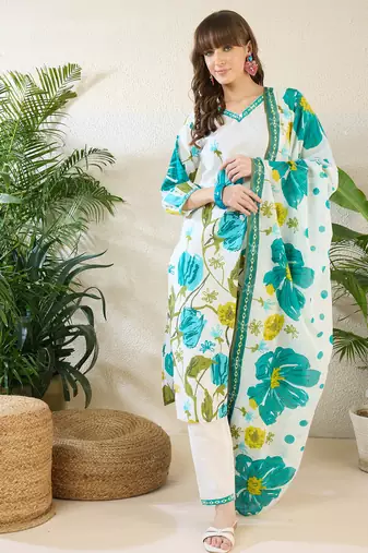 White printed pure cotton kurta trouser dupatta set