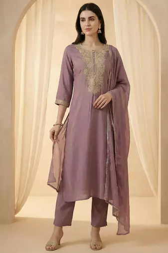 Lavender embroidered silk blend kurta trouser dupatta set