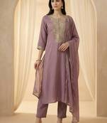 Lavender embroidered silk blend kurta trouser dupatta set