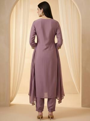 Lavender embroidered silk blend kurta trouser dupatta set 2