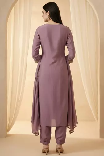 Lavender embroidered silk blend kurta trouser dupatta set