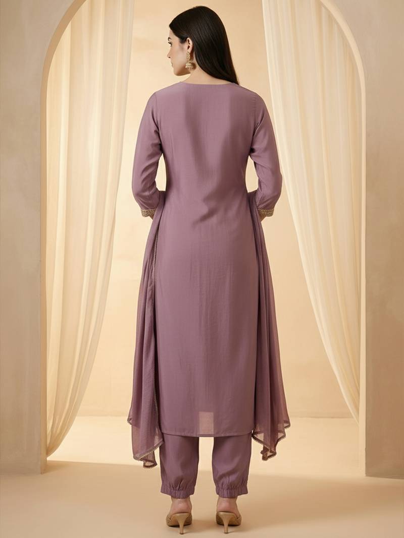 Lavender embroidered silk blend kurta trouser dupatta set
