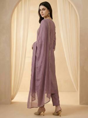 Lavender embroidered silk blend kurta trouser dupatta set 3