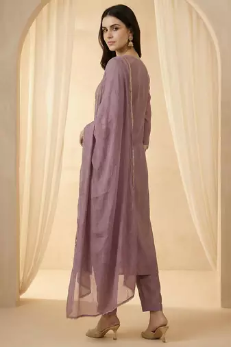 Lavender embroidered silk blend kurta trouser dupatta set