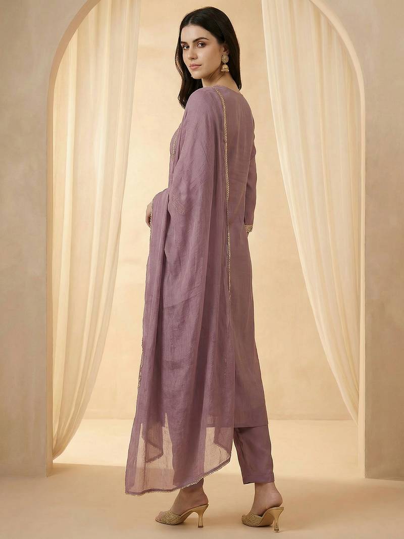 Lavender embroidered silk blend kurta trouser dupatta set
