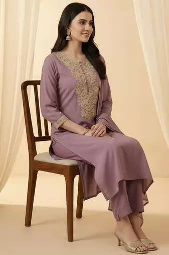 Lavender embroidered silk blend kurta trouser dupatta set