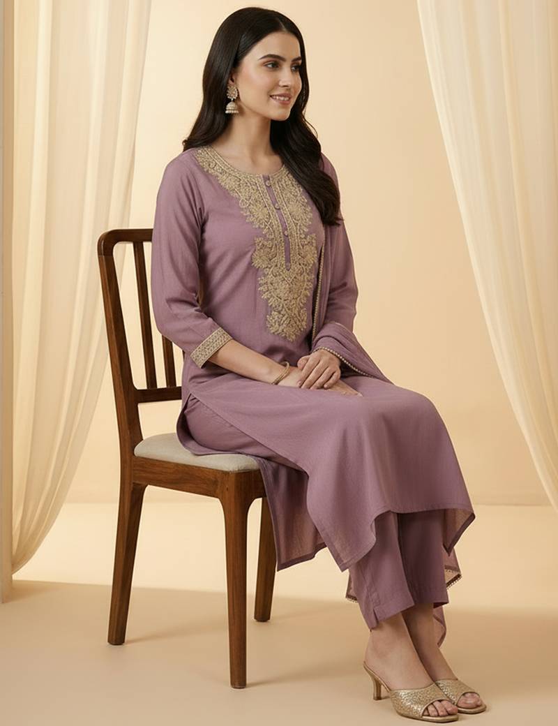 Lavender embroidered silk blend kurta trouser dupatta set
