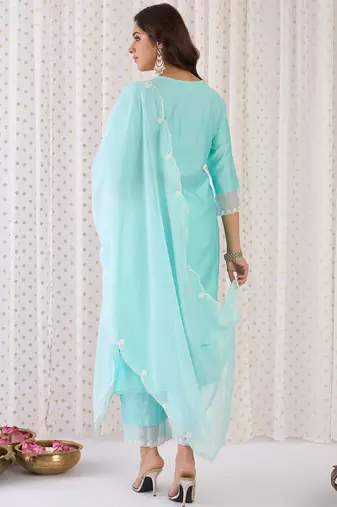 Blue embroidered liva kurta trouser dupatta set