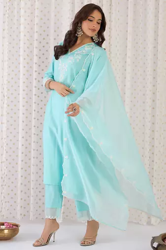 Blue embroidered liva kurta trouser dupatta set