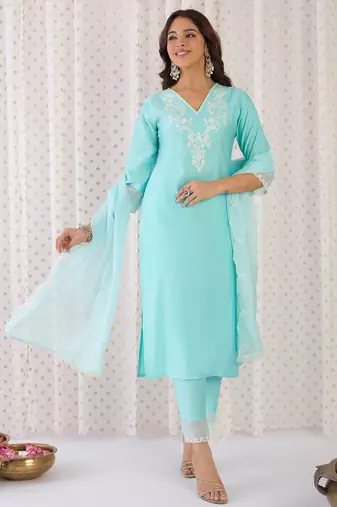 Blue embroidered liva kurta trouser dupatta set