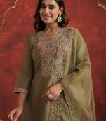 Green embroidered silk blend kurta trouser dupatta set
