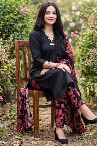 Black solid pure cotton kurta trouser dupatta set