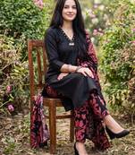 Black solid pure cotton kurta trouser dupatta set