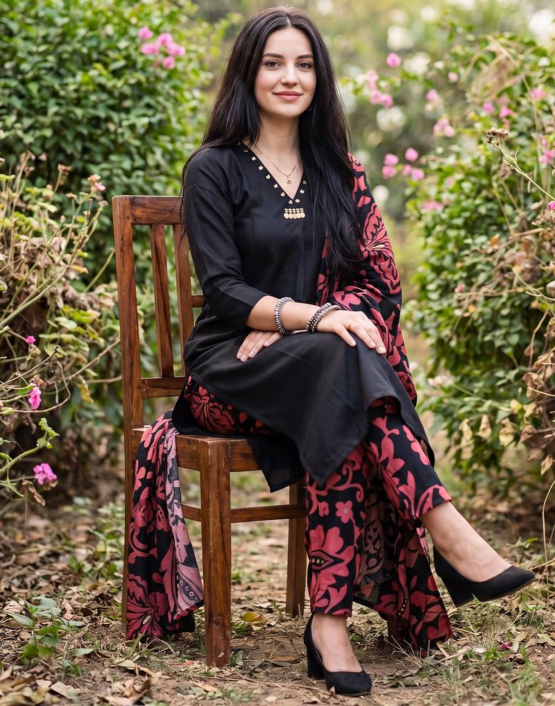 Black solid pure cotton kurta trouser dupatta set
