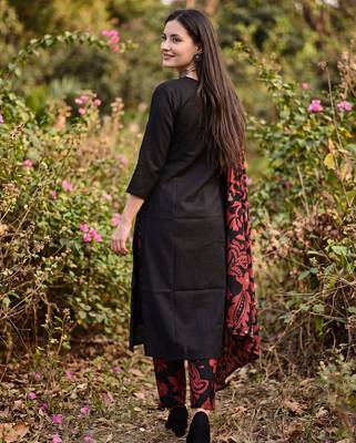 Black solid pure cotton kurta trouser dupatta set 2