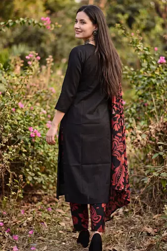 Black solid pure cotton kurta trouser dupatta set