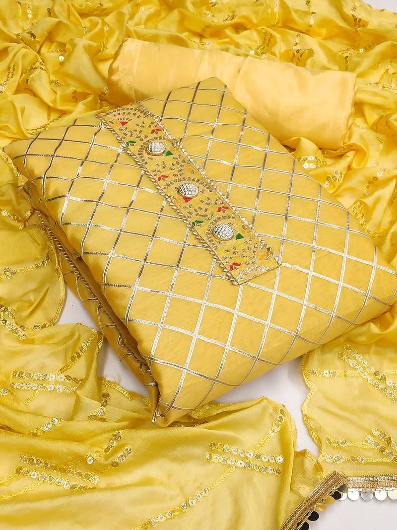 Yellow & Silver-Toned Embroidered Unstitched Dress Material