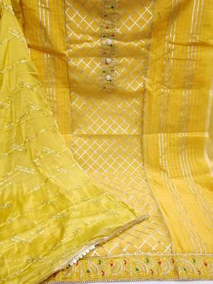 yellow & silver-toned embroidered unstitched dress material 2