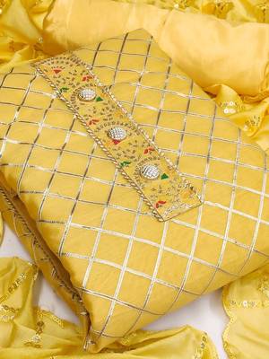 yellow & silver-toned embroidered unstitched dress material 3