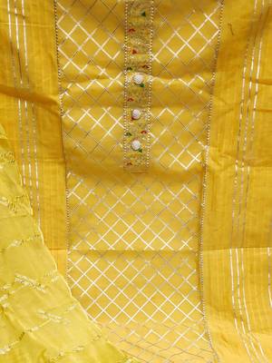 yellow & silver-toned embroidered unstitched dress material 4