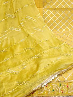 yellow & silver-toned embroidered unstitched dress material 5