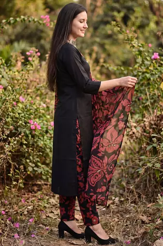 Black solid pure cotton kurta trouser dupatta set