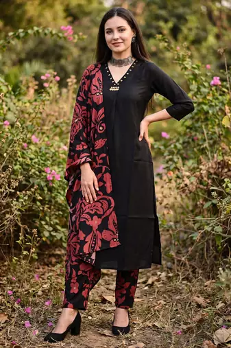 Black solid pure cotton kurta trouser dupatta set