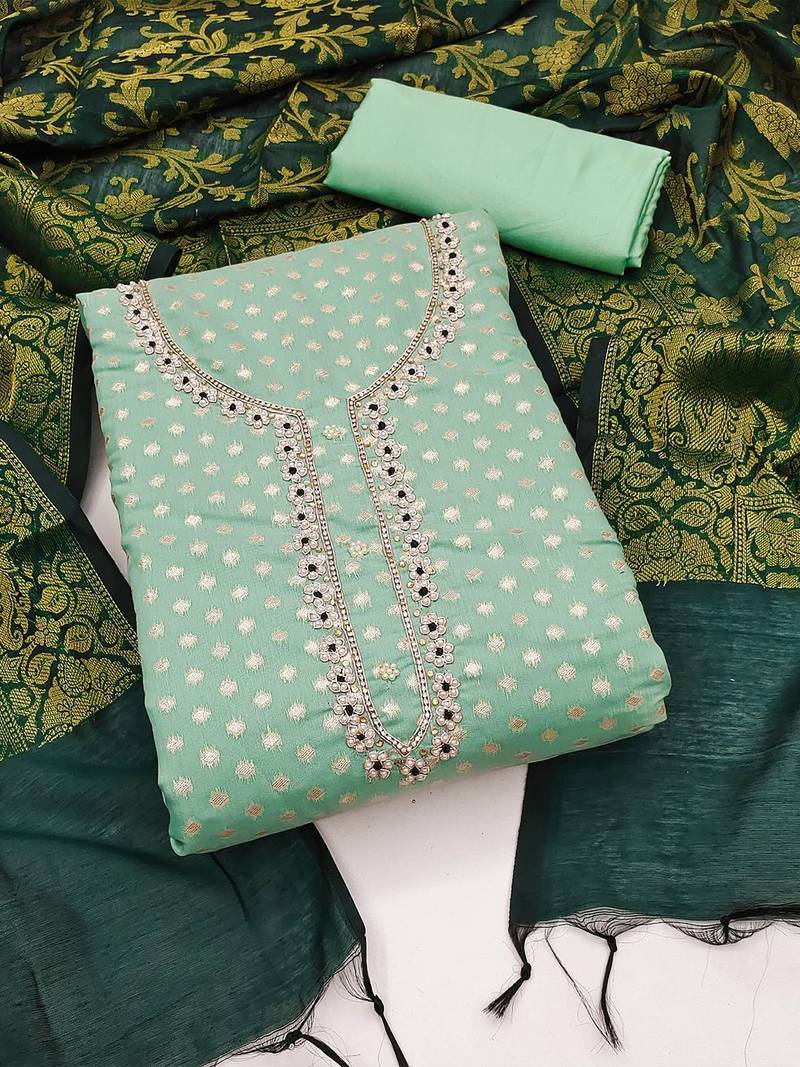 Woven Design Embroidered Beads & Stones Unstitched Dress Material