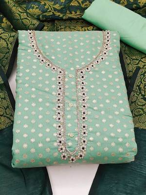 Woven Design Embroidered Beads & Stones Unstitched Dress Material 4