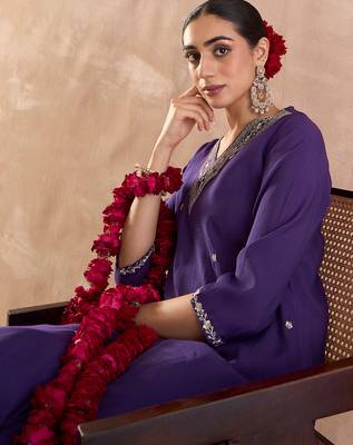 Purple embroidered silk blend kurta trouser dupatta set 2