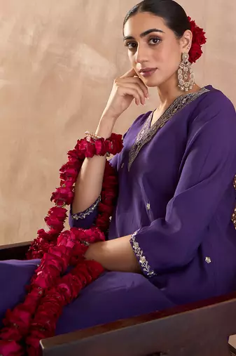 Purple embroidered silk blend kurta trouser dupatta set