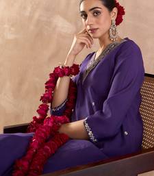 Purple embroidered silk blend kurta trouser dupatta set