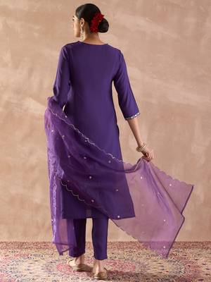 Purple embroidered silk blend kurta trouser dupatta set 3