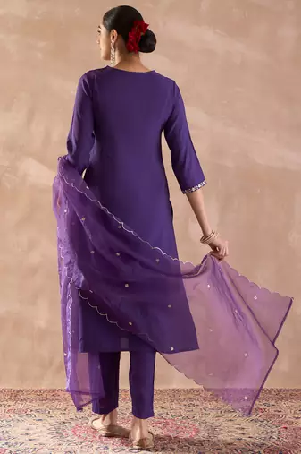 Purple embroidered silk blend kurta trouser dupatta set
