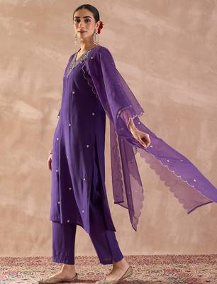 Purple embroidered silk blend kurta trouser dupatta set 4