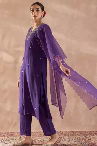 Purple embroidered silk blend kurta trouser dupatta set