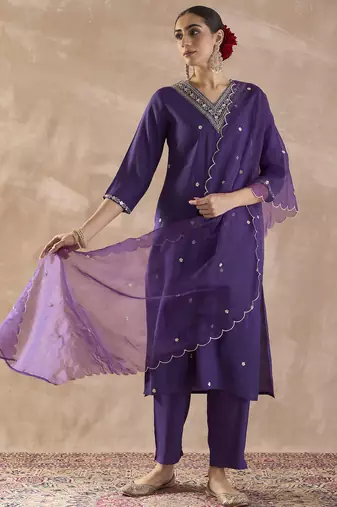 Purple embroidered silk blend kurta trouser dupatta set