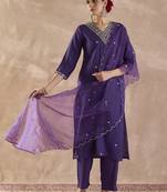 Purple embroidered silk blend kurta trouser dupatta set