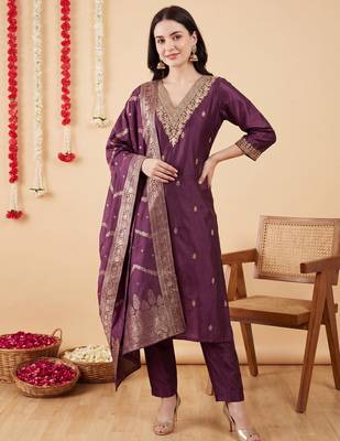 Purple embroidered silk blend kurta trouser dupatta set 1