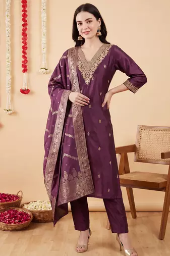 Purple embroidered silk blend kurta trouser dupatta set