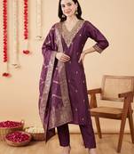 Purple embroidered silk blend kurta trouser dupatta set