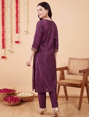 Purple embroidered silk blend kurta trouser dupatta set 2