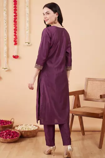 Purple embroidered silk blend kurta trouser dupatta set