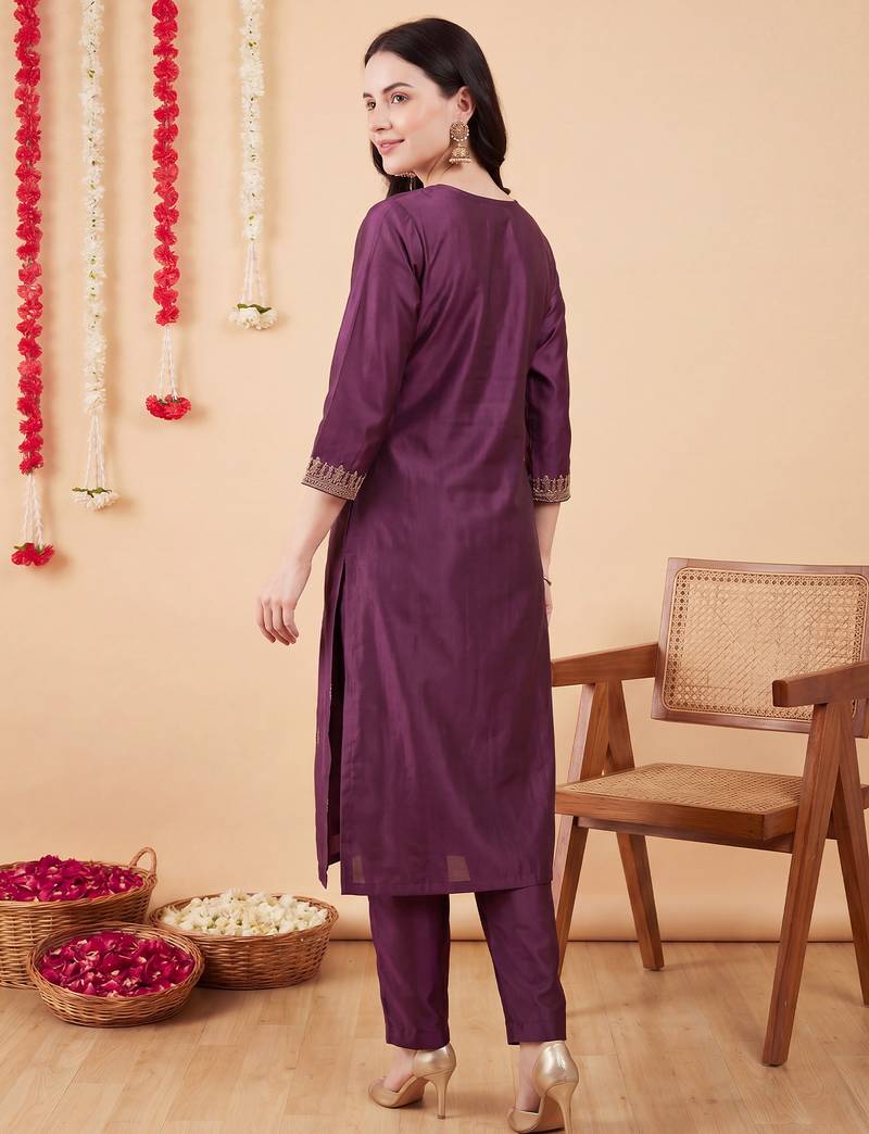 Purple embroidered silk blend kurta trouser dupatta set