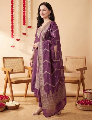 Purple embroidered silk blend kurta trouser dupatta set 3