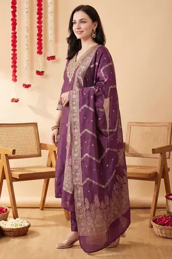 Purple embroidered silk blend kurta trouser dupatta set