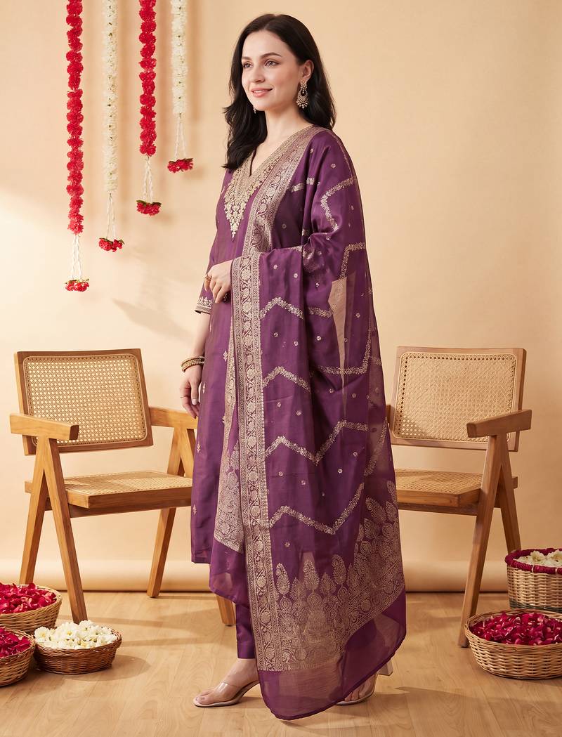 Purple embroidered silk blend kurta trouser dupatta set
